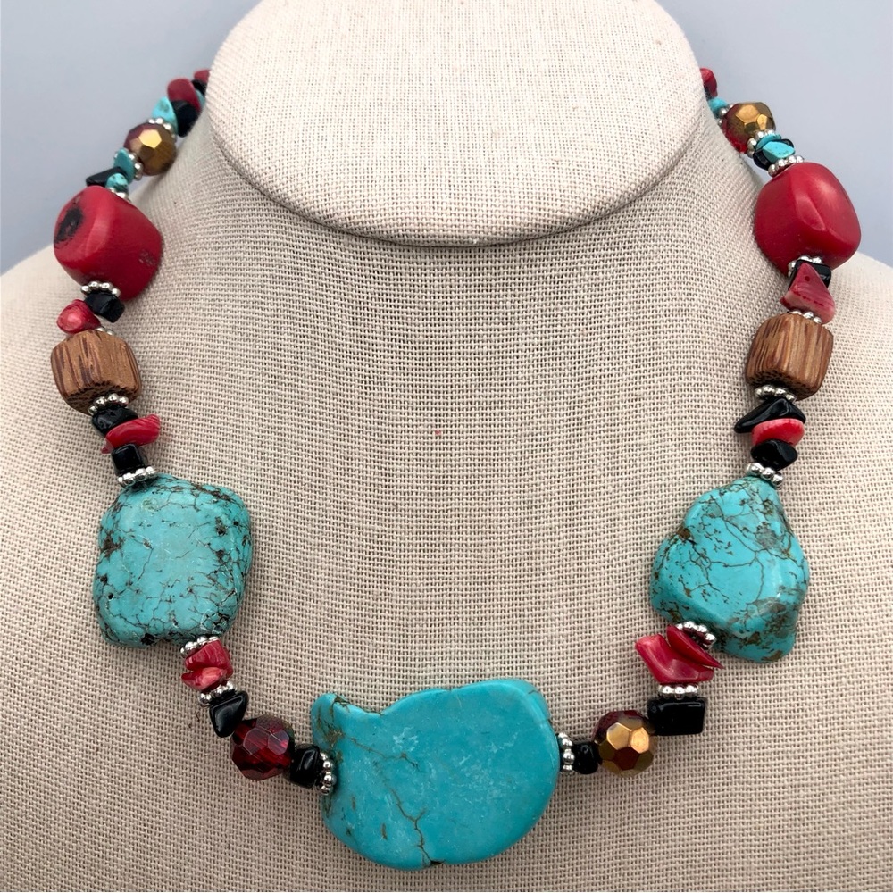 Southwestern Faux Turquoise Faux Bamboo Coral Stone Chip Collar Necklace 17” - Picture 1 of 17